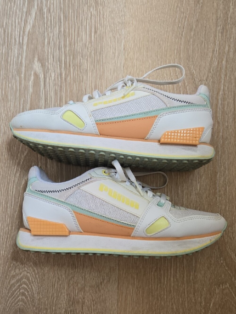 Puma Kids White Sneakers with Pastel Yellow and Mint Accents